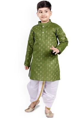Green Printed Blended Kurta Dhoti Set For Boys