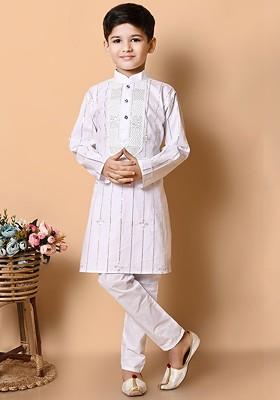 White Embroidered Cotton Kurta Set For Boys