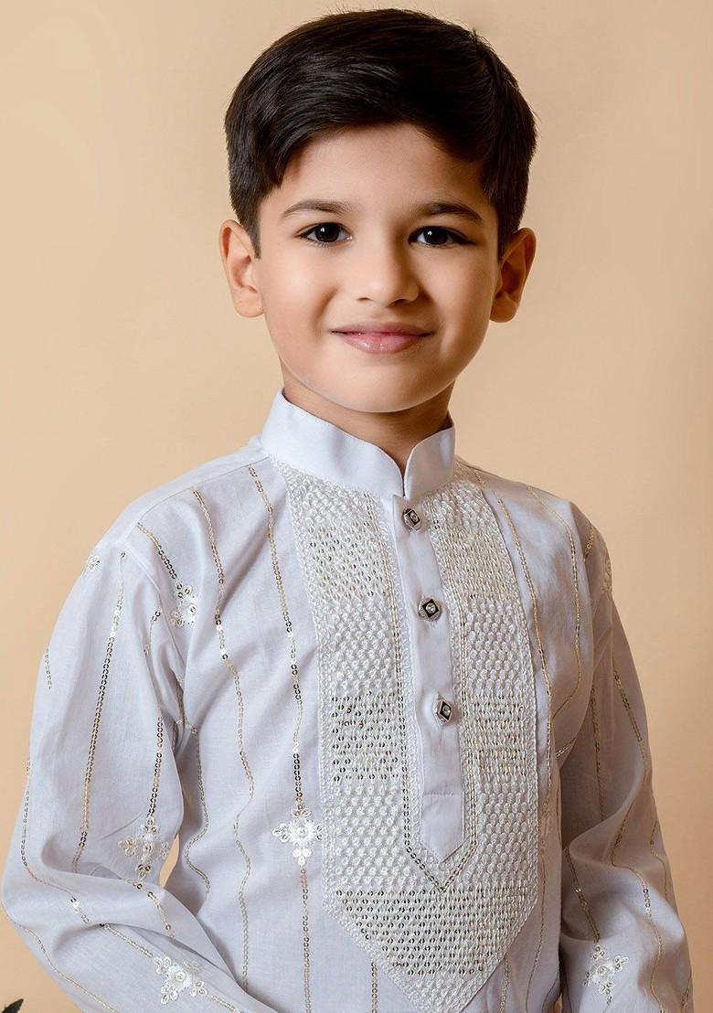 White Embroidered Cotton Kurta Set For Boys - Indya
