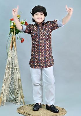 Red Printed Blended Kurta Set For Boys