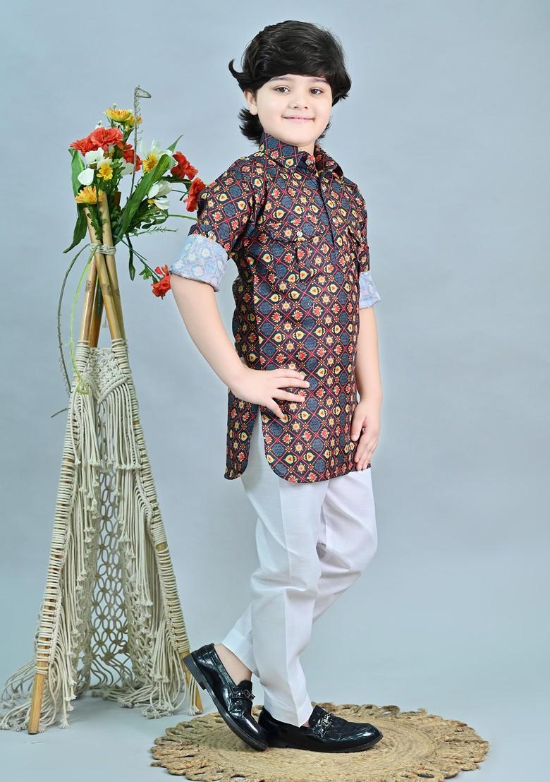 Red Printed Blended Kurta Set For Boys - Indya