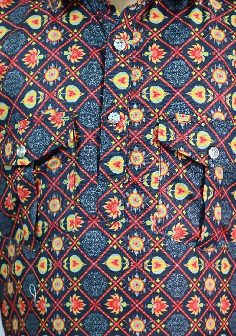 Red Printed Blended Kurta Set For Boys - Indya