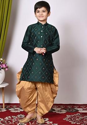 Green Embroidered Silk Kurta Set For Boys