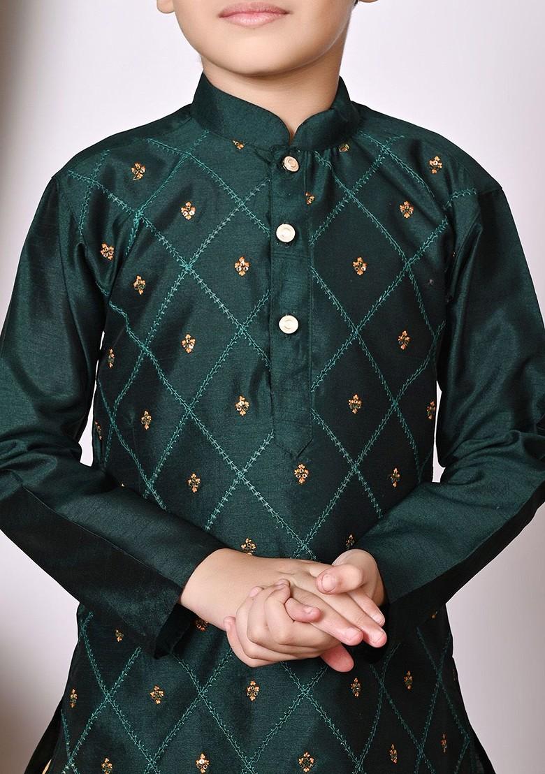 Green Embroidered Silk Kurta Set For Boys - Indya