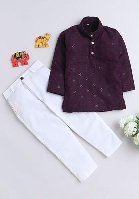 Purple Embroidered Cotton Kurta Set For Boys