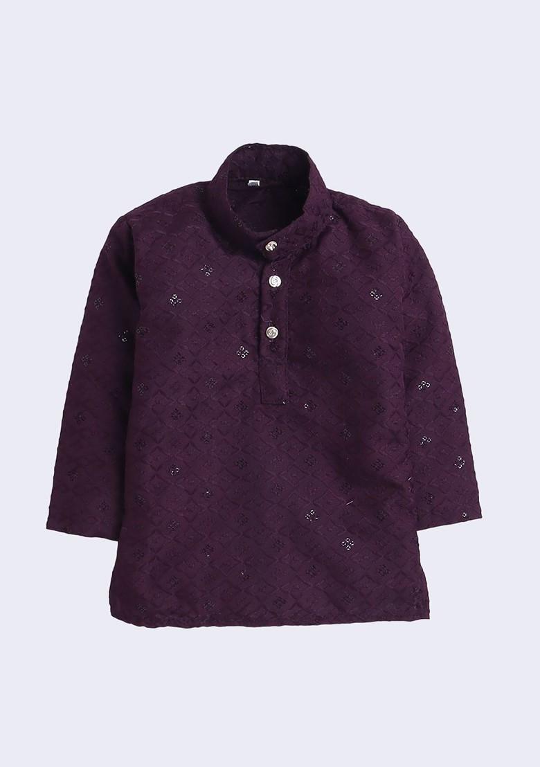 Purple Embroidered Cotton Kurta Set For Boys - Indya