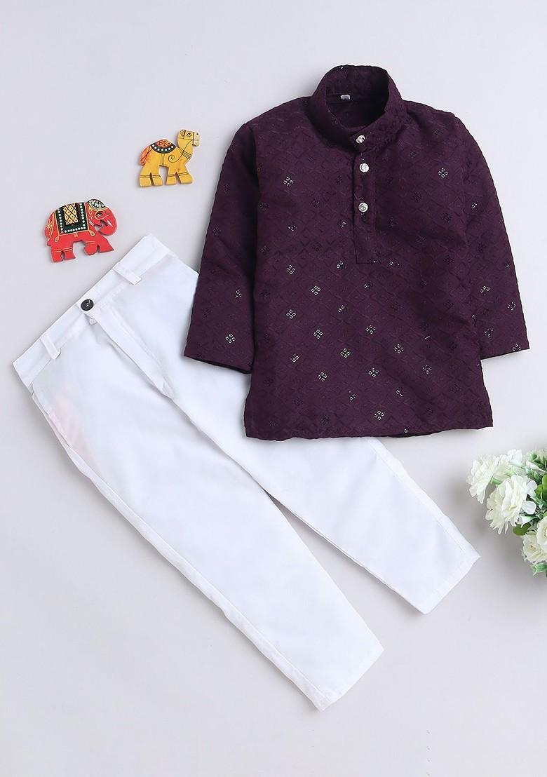 Purple Embroidered Cotton Kurta Set For Boys - Indya