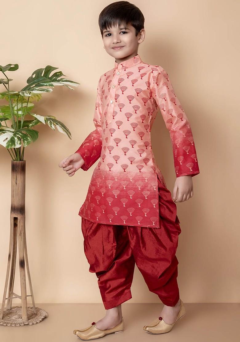 Peach Printed Silk Kurta Set For Boys - Indya