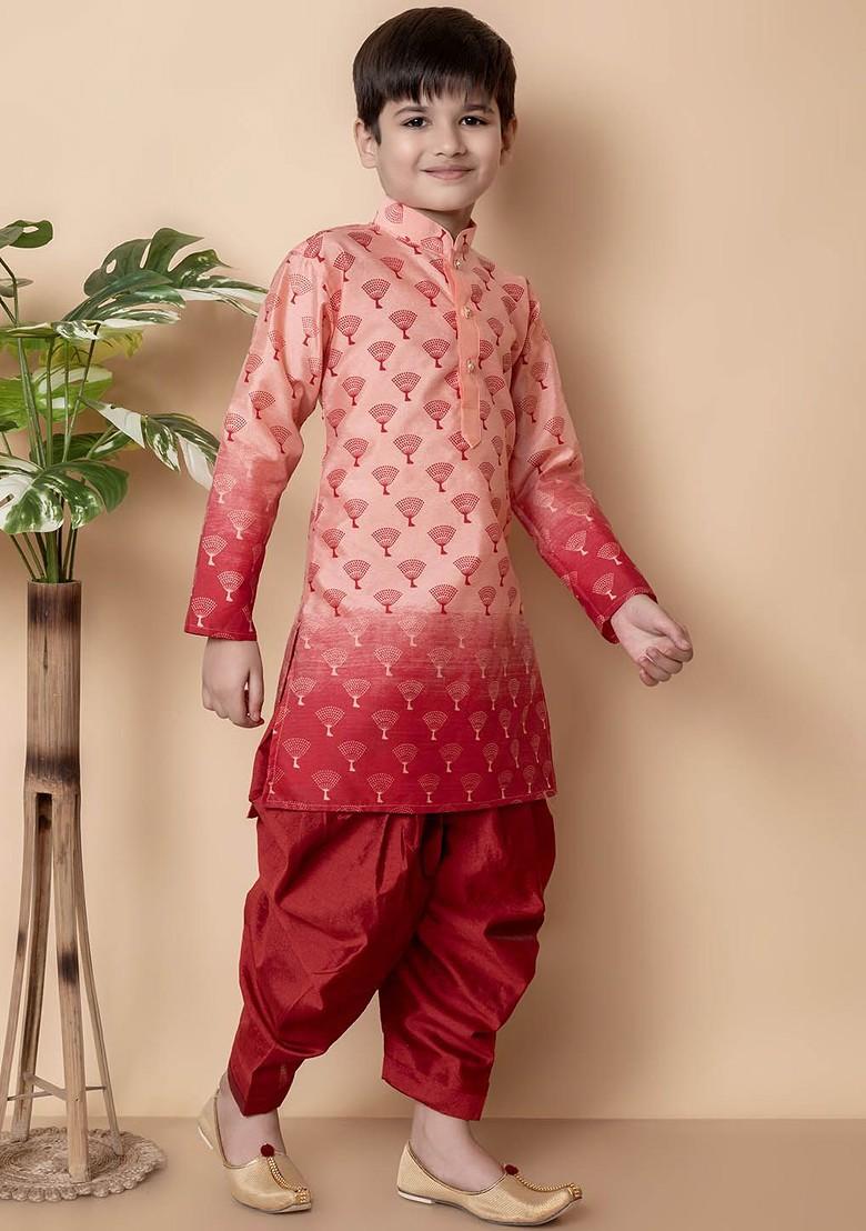 Peach Printed Silk Kurta Set For Boys - Indya