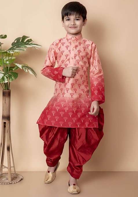 Peach Printed Silk Kurta Set For Boys