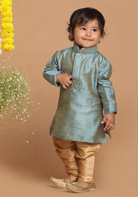 Blue Embroidered Silk Kurta Set For Boys