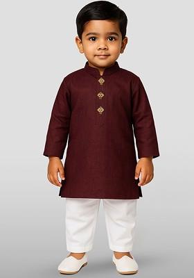 Maroon Embroidered Cotton Kurta Set For Boys