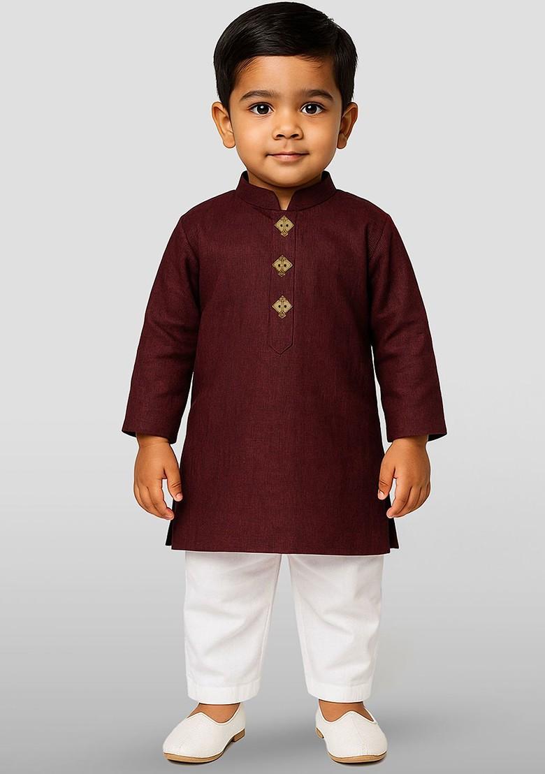 Maroon Embroidered Cotton Kurta Set For Boys - Indya