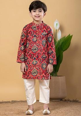 Red Printed Cotton Kurta Set For Boys