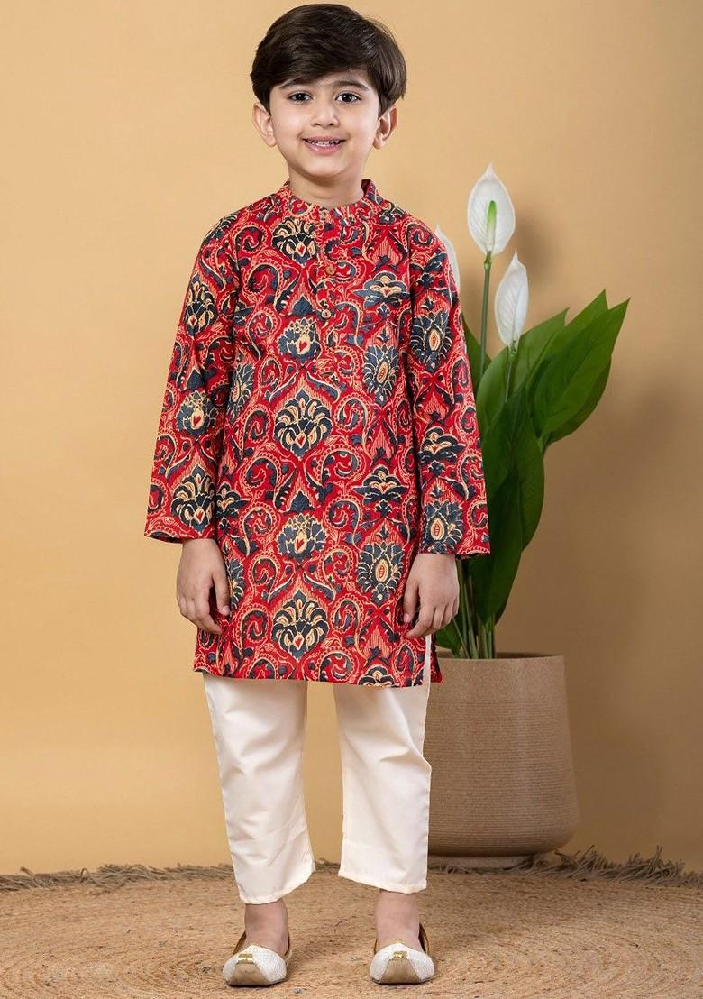 Red Printed Cotton Kurta Set For Boys - Indya