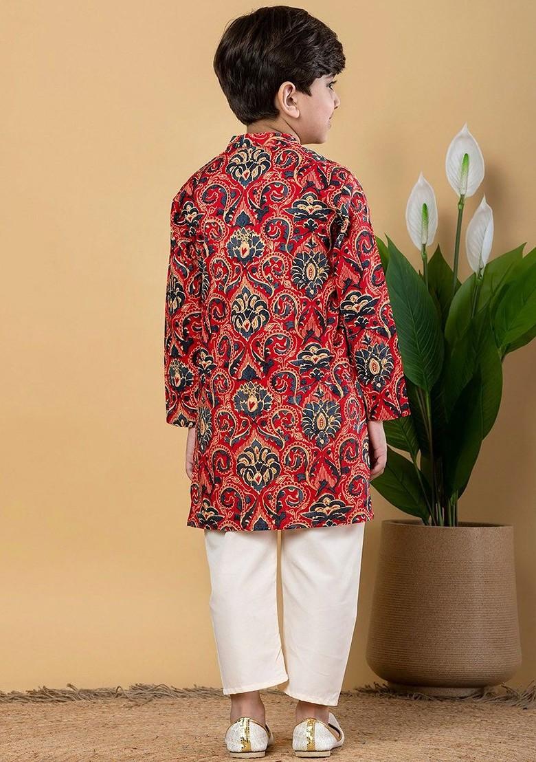 Red Printed Cotton Kurta Set For Boys - Indya