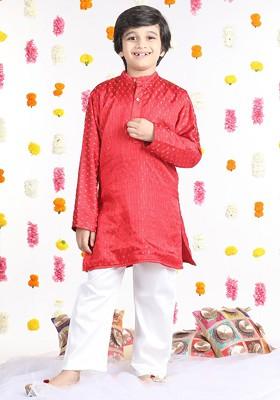 Red Woven Design Silk Kurta Set For Boys