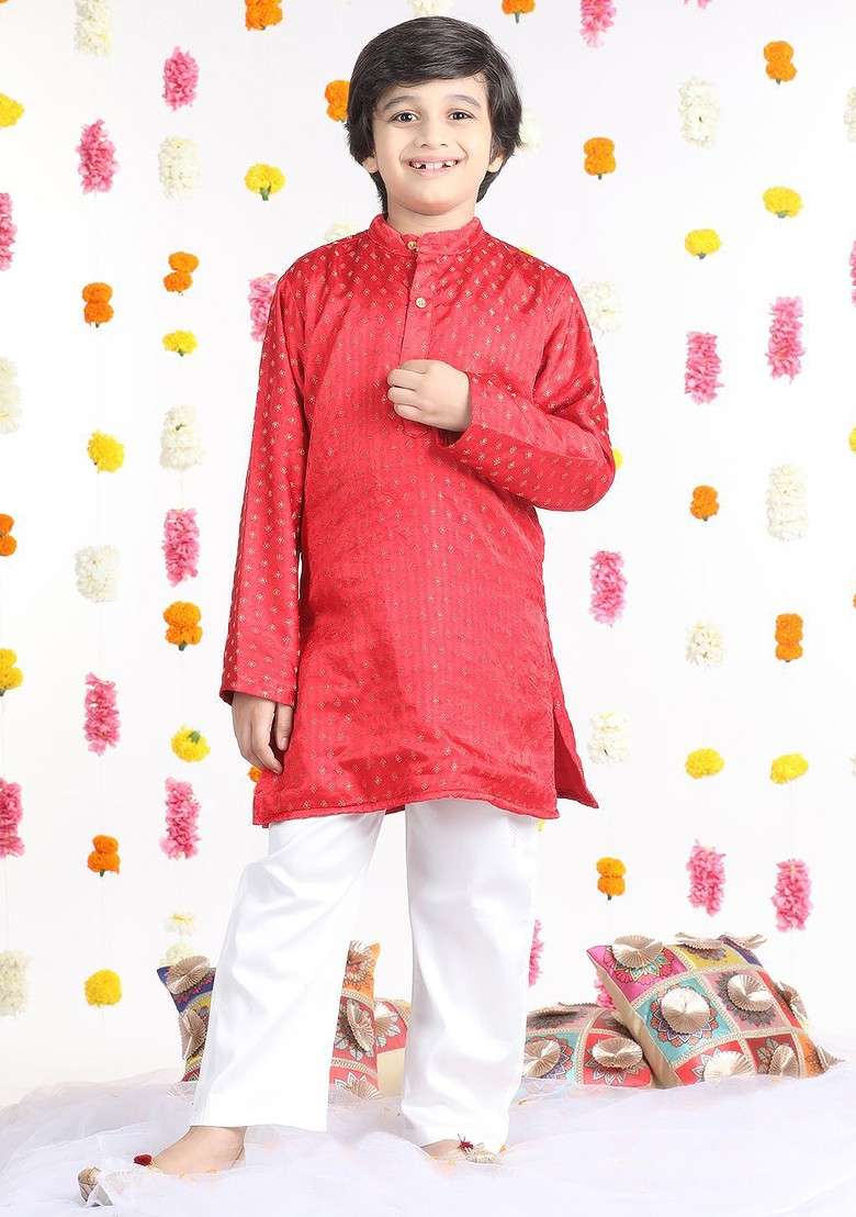 Red Woven Design Silk Kurta Set For Boys - Indya