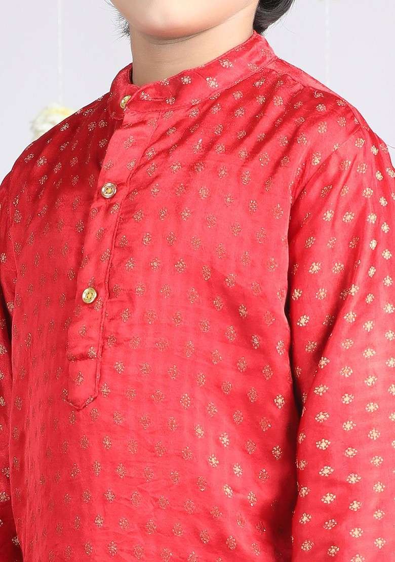 Red Woven Design Silk Kurta Set For Boys - Indya