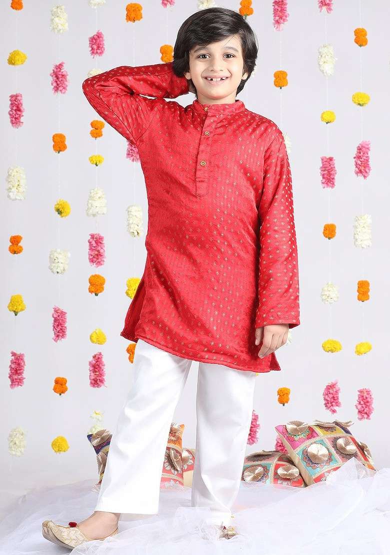 Red Woven Design Silk Kurta Set For Boys - Indya