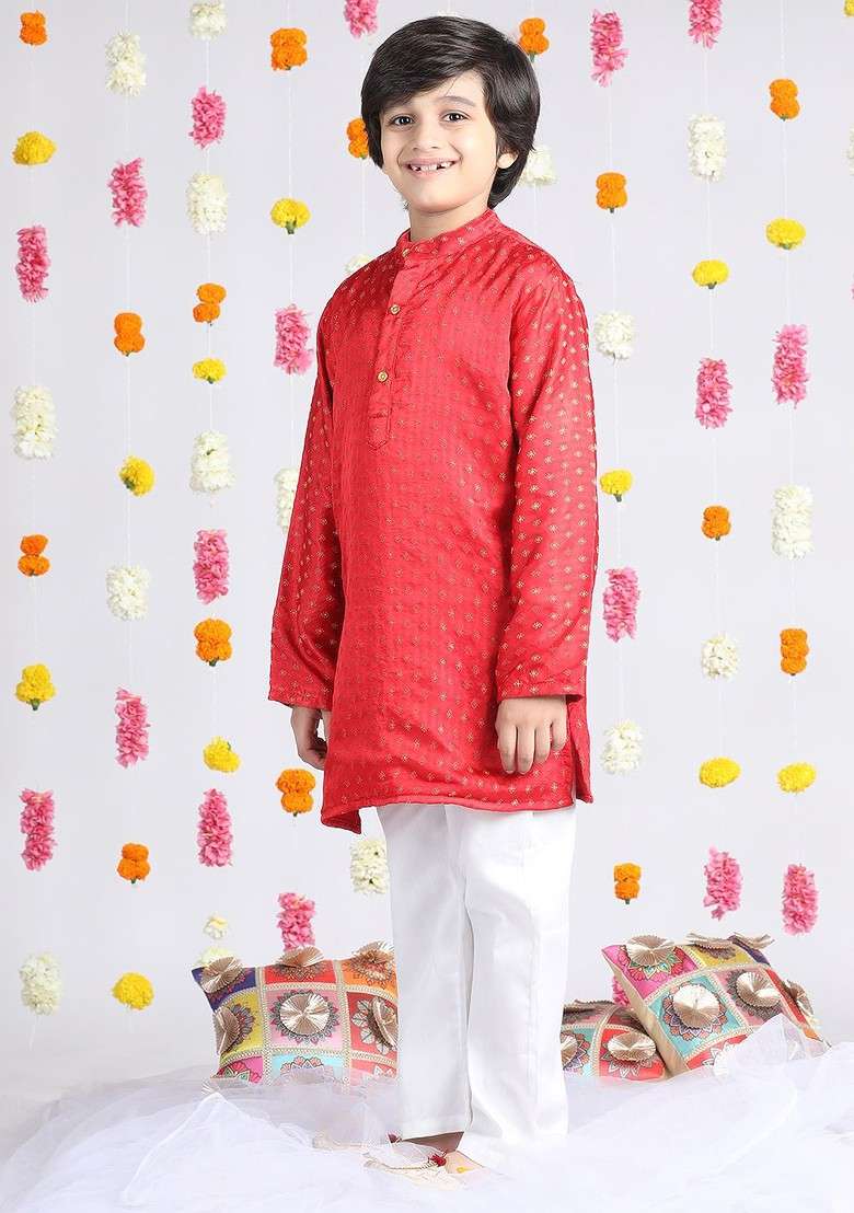 Red Woven Design Silk Kurta Set For Boys - Indya