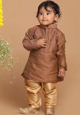 Maroon Woven Design Blended Kurta Set For Boys