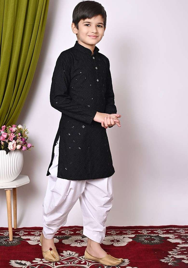 Black Embroidered Blended Kurta Set For Boys - Indya