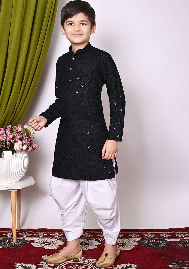 Black Embroidered Blended Kurta Set For Boys - Indya