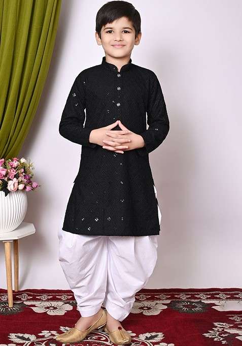 Black Embroidered Blended Kurta Set For Boys