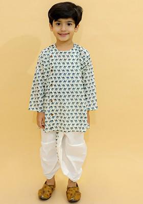 Off White Printed Cotton Kurta Dhoti Set For Boys