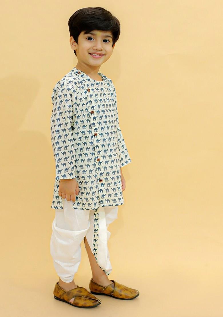 Off White Printed Cotton Kurta Dhoti Set For Boys - Indya
