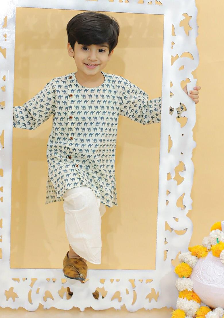 Off White Printed Cotton Kurta Dhoti Set For Boys - Indya