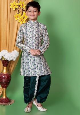 White Printed Blended Kurta Dhoti Set For Boys