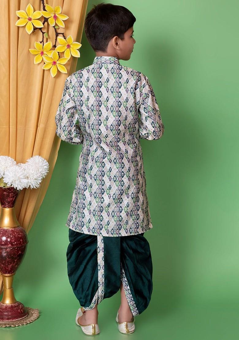 White Printed Blended Kurta Dhoti Set For Boys - Indya