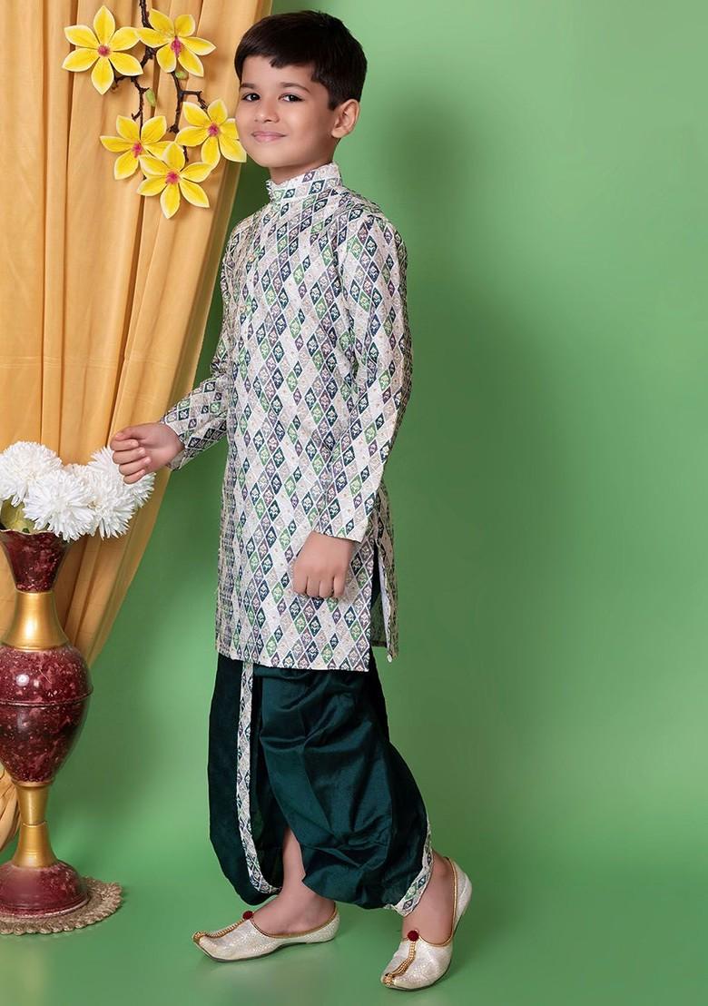 White Printed Blended Kurta Dhoti Set For Boys - Indya