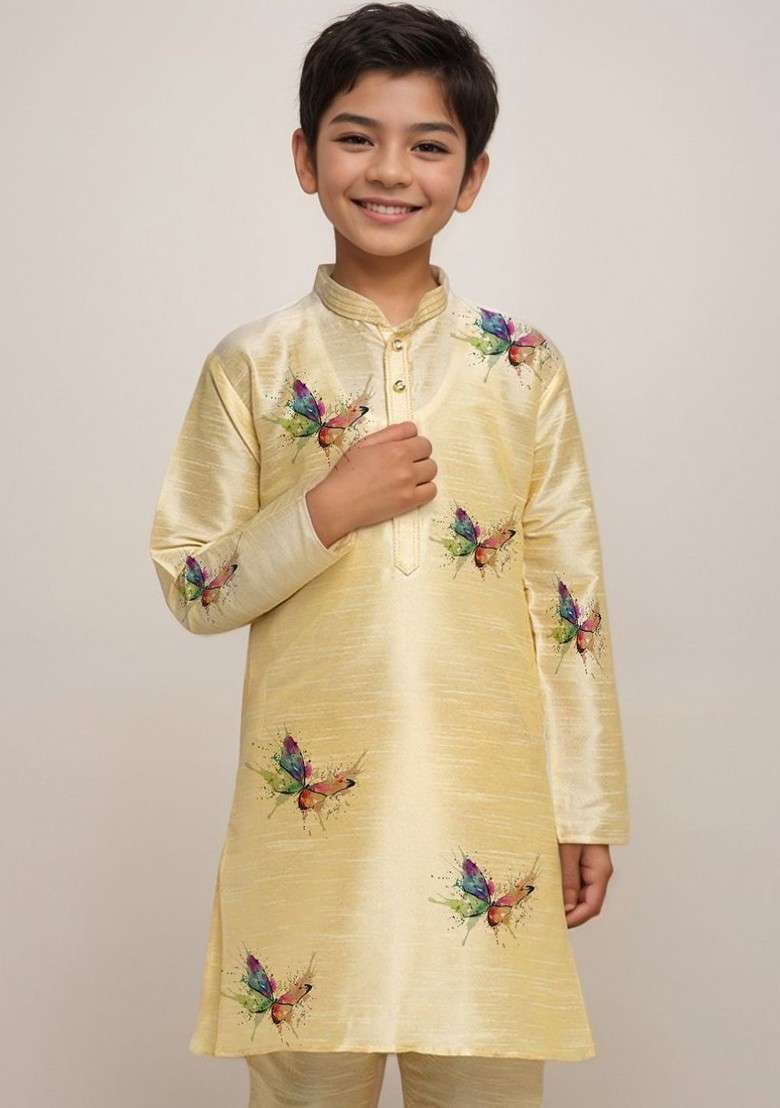 Beige Printed Silk Kurta Set For Boys - Indya