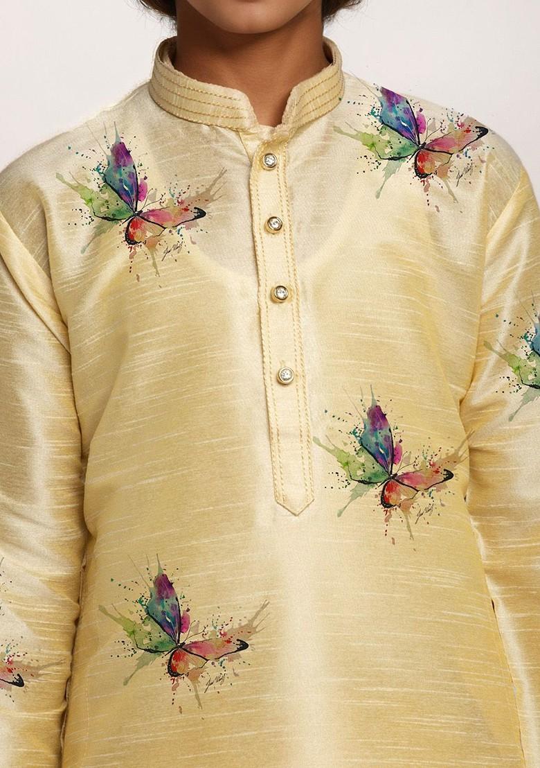 Beige Printed Silk Kurta Set For Boys - Indya