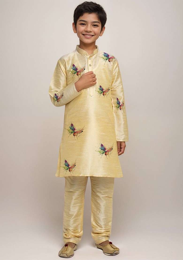 Beige Printed Silk Kurta Set For Boys - Indya