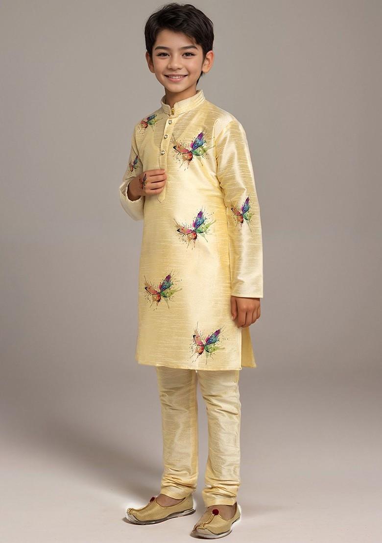 Beige Printed Silk Kurta Set For Boys - Indya