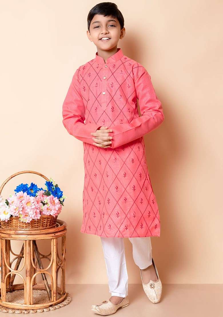 Pink Embroidered Blended Kurta Set For Boys - Indya