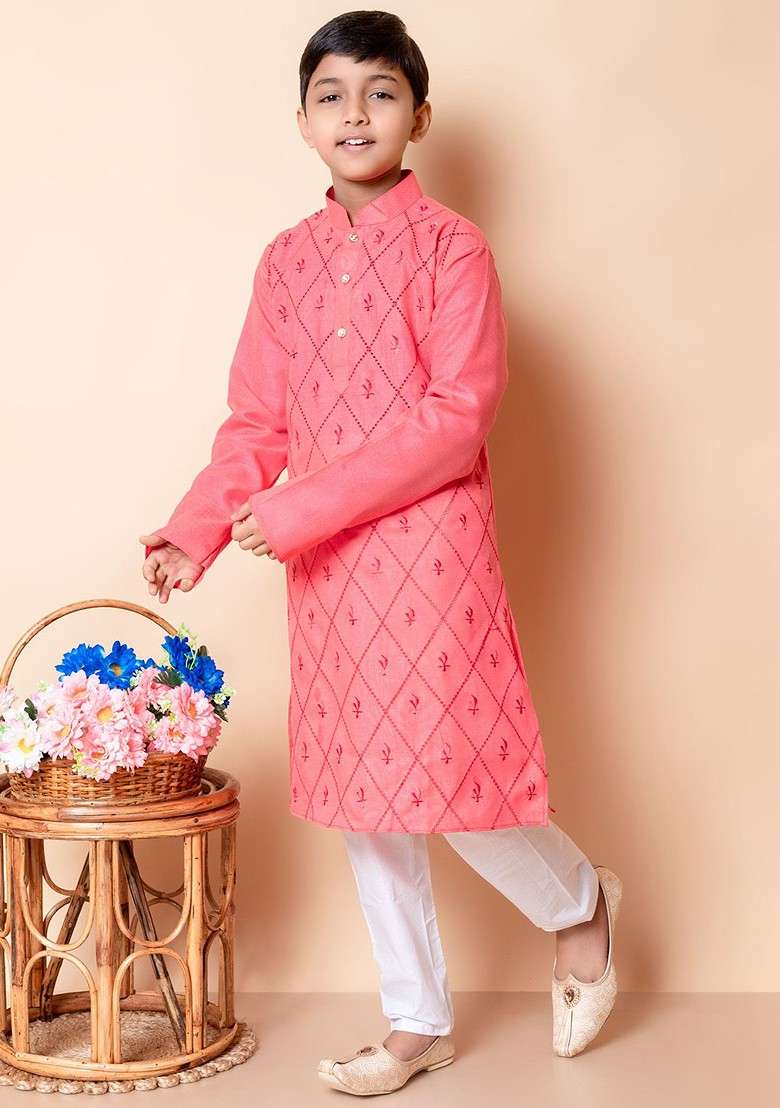 Pink Embroidered Blended Kurta Set For Boys - Indya