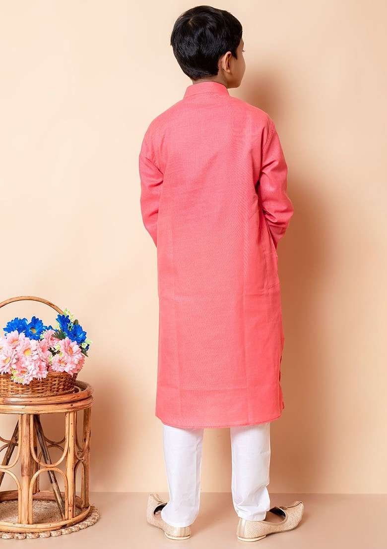 Pink Embroidered Blended Kurta Set For Boys - Indya