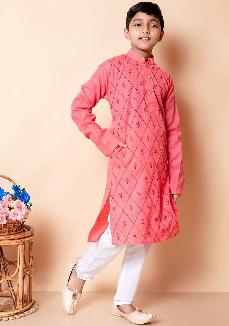 Pink Embroidered Blended Kurta Set For Boys - Indya