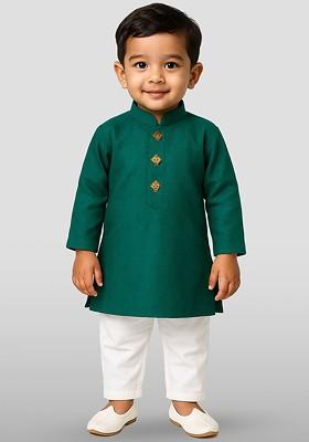 Green Embroidered Cotton Kurta Set For Boys