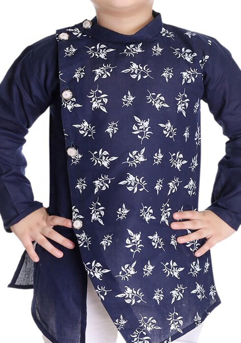 Navy Blue Printed Cotton Kurta Set For Boys - Indya