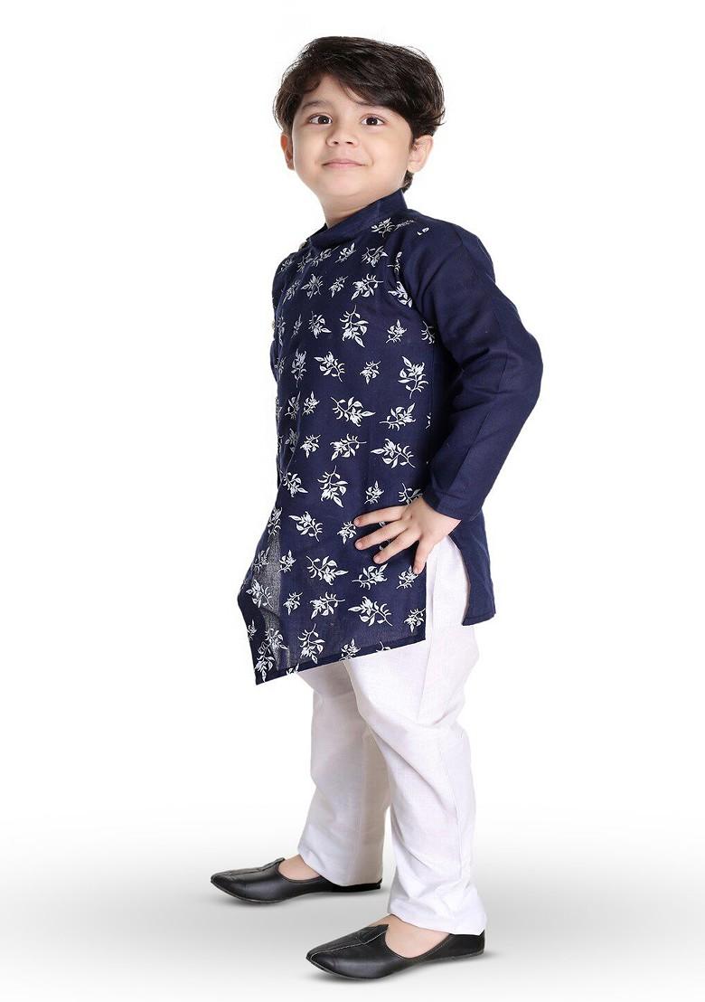 Navy Blue Printed Cotton Kurta Set For Boys - Indya