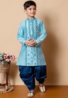 Turquoise Blue Embroidered Silk Kurta Set For Boys