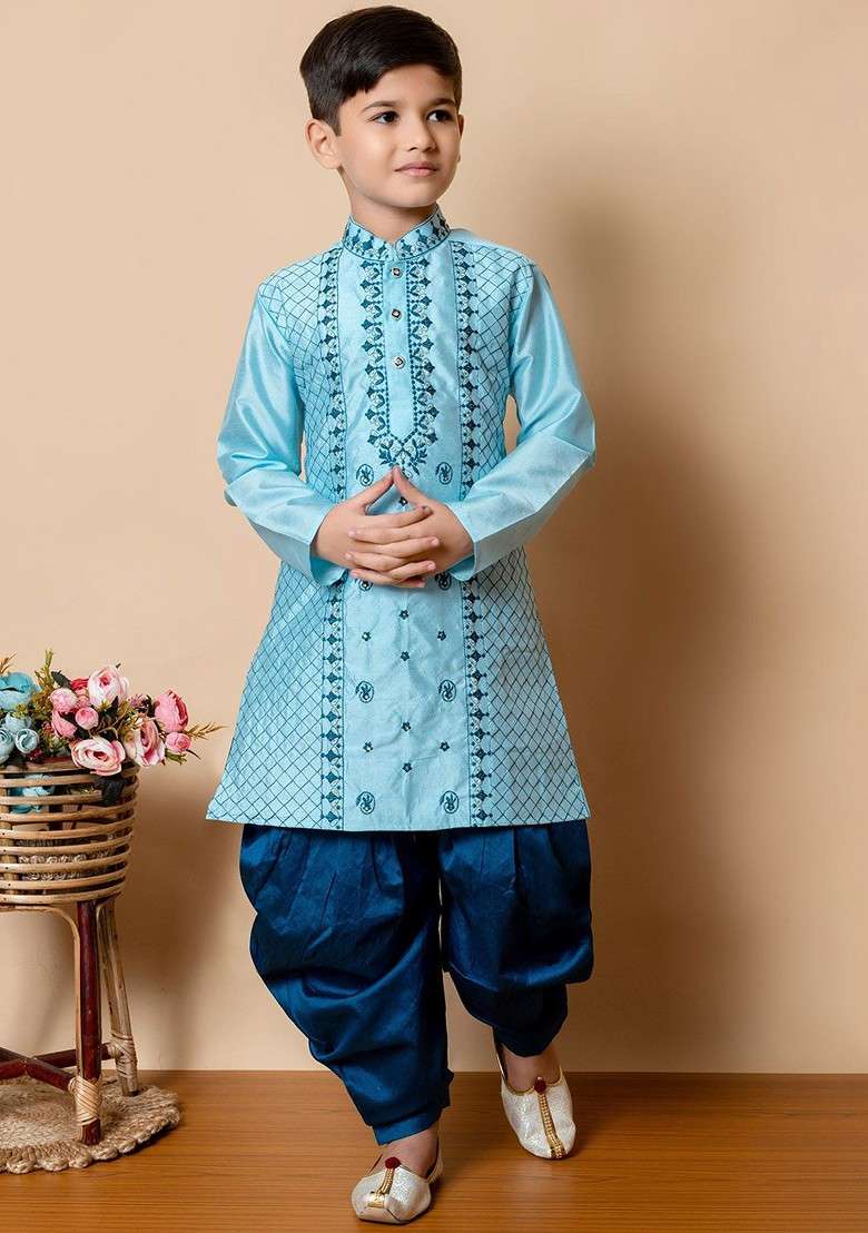 Turquoise Blue Embroidered Silk Kurta Set For Boys - Indya