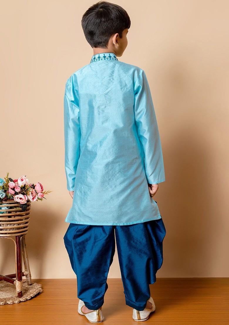 Turquoise Blue Embroidered Silk Kurta Set For Boys - Indya