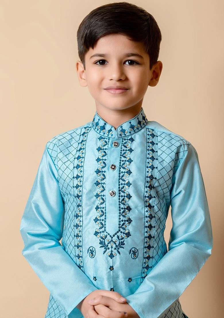 Turquoise Blue Embroidered Silk Kurta Set For Boys - Indya